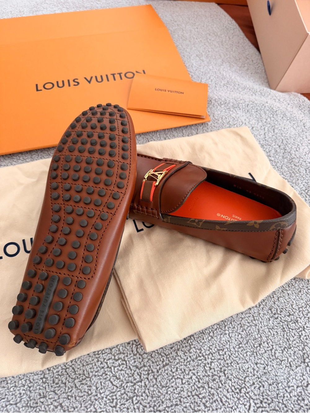 Louis Vuitton Brown Leather Men’s Slip-On Loafers with Gold LV Hardware - Picture 9 of 9